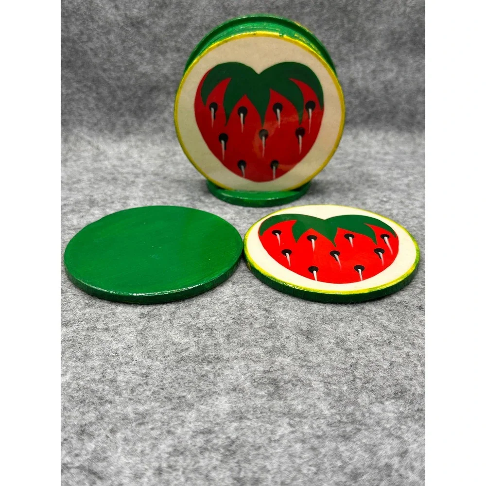 Vintage Strawberry Wooden Coaster Set with Holder Hand Painted Folk Art 7pc